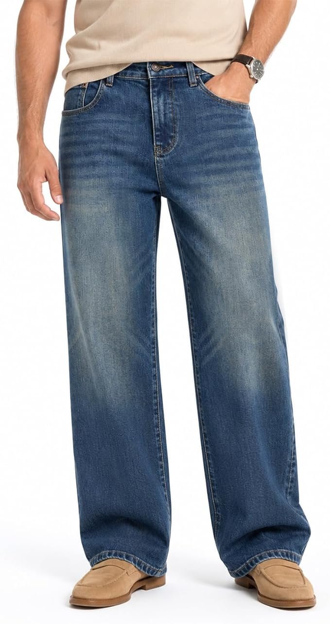 Men's Wide Leg Jeans - Navy - Image 4