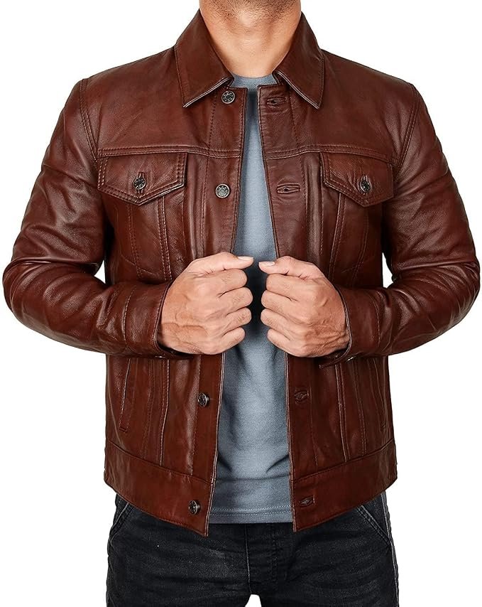 Men's Leather Jacket - Navy - Image 4